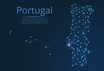 Poster - Map of Portugal connection. Vector low-poly image of a global map with lights in the form of cities or population density, consisting of points and shapes in the form of stars and space.
