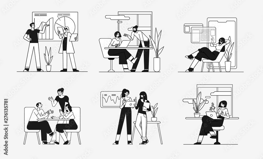 Collection of scenes at office. Bundle of men and women taking part in business meeting, negotiation, brainstorming, talking to each other. Outline vector illustration in cartoon style. - obrazy, fototapety, plakaty 