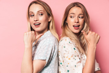 Canvas Print - Cute beautiful blondes women friends posing isolated over pink wall background pointing to each other.