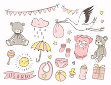 Girl Baby Shower. Set Of Hand Drawn Newborn Items And Elements. Invitations, Cards, Nursery Decor. 