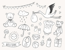 Baby Shower Hand Drawn Set. New Baby Items And Icons. Cute Doodle Illustrations Including Teddy Bear, Baby Clothes, Bib, Bottle, Cloud, Bunting Banners, Diaper, Stork.
