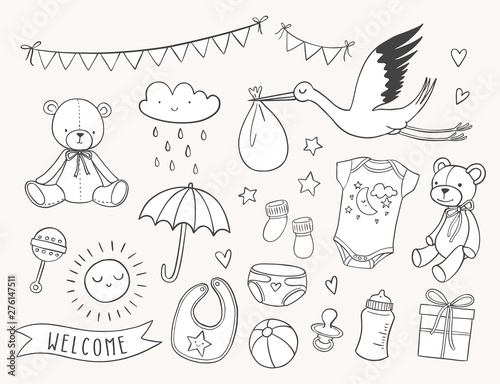Baby Shower Hand Drawn Set New Baby Items And Icons Cute Doodle