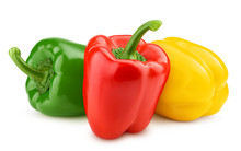 Sweet Pepper, Red, Green, Yellow Paprika, Isolated On White Background, Clipping Path, Full Depth Of Field