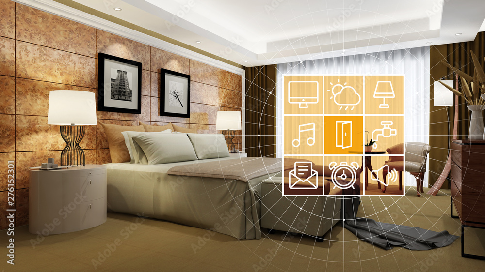 Elegantes Hotelzimmer mit Smart Home Steuerung - obrazy, fototapety, plakaty 