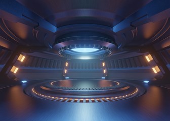 Empty light blue studio room Futuristic interior with empty stage with lights blue, Future background for design,3d rendering