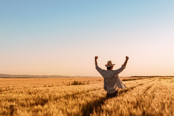 Proud happy victorious wheat farmer with hands raised in V