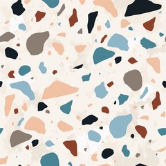 Sticker - Terrazzo geometric texture. Abstract seamless pattern with colorful sprinkles scattered on light background. Creative vector illustration for backdrop, textile print, wrapping paper, flooring.