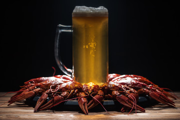 glass of beer on plate with red lobsters at wooden surface