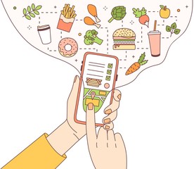 Aufkleber - Poster template with hands holding phone with food delivery service mobile application or website on screen, restaurant or cafe meals and drinks to order. Modern vector illustration in linear style.