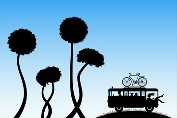 Sticker - Cartoon retro car on hill between dandelions. Vector illustration with silhouettes of parents with children traveling in camper. Family road trip. Blue pastel background