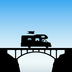 Sticker - Cartoon retro car on bridge. Vector illustration with silhouette of man traveling in camper. Solo road trip. Blue pastel background.