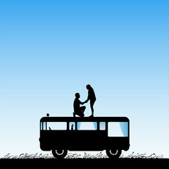 Sticker - Lovers on roof of cartoon retro car. Romantic marriage proposal. Vector illustration with silhouette of loving couple. Family road trip. Blue pastel background