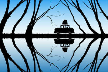 Sticker - Cartoon retro car on lake road. Vector illustration with silhouettes of woman and dog traveling in camper between trees. Family road trip. Blue pastel background