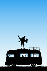 Sticker - Guy carry girl on roof of cartoon retro car. Vector illustration with silhouette of happy lovers. Family road trip. Blue pastel background