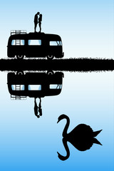Sticker - Lovers on roof of cartoon retro car. Vector illustration with silhouette of couple at swan lake. Family road trip. Blue pastel background