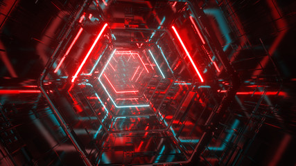 Poster - flying through endless luminous tunnel. construction with neon glowing hexagons. hyper loop. abstrac