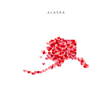 I Love Alaska. Red Hearts Pattern Vector Map Of Alaska