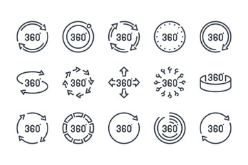 Poster - 360 degree related line icon set. 360 view linear icons. Panorama view outline vector sign collection.