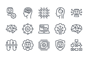  - Artificial Intelligence related line icon set. Machine learning and robot machine linear icons. Algorithm and AI outline vector signs and symbols collection.