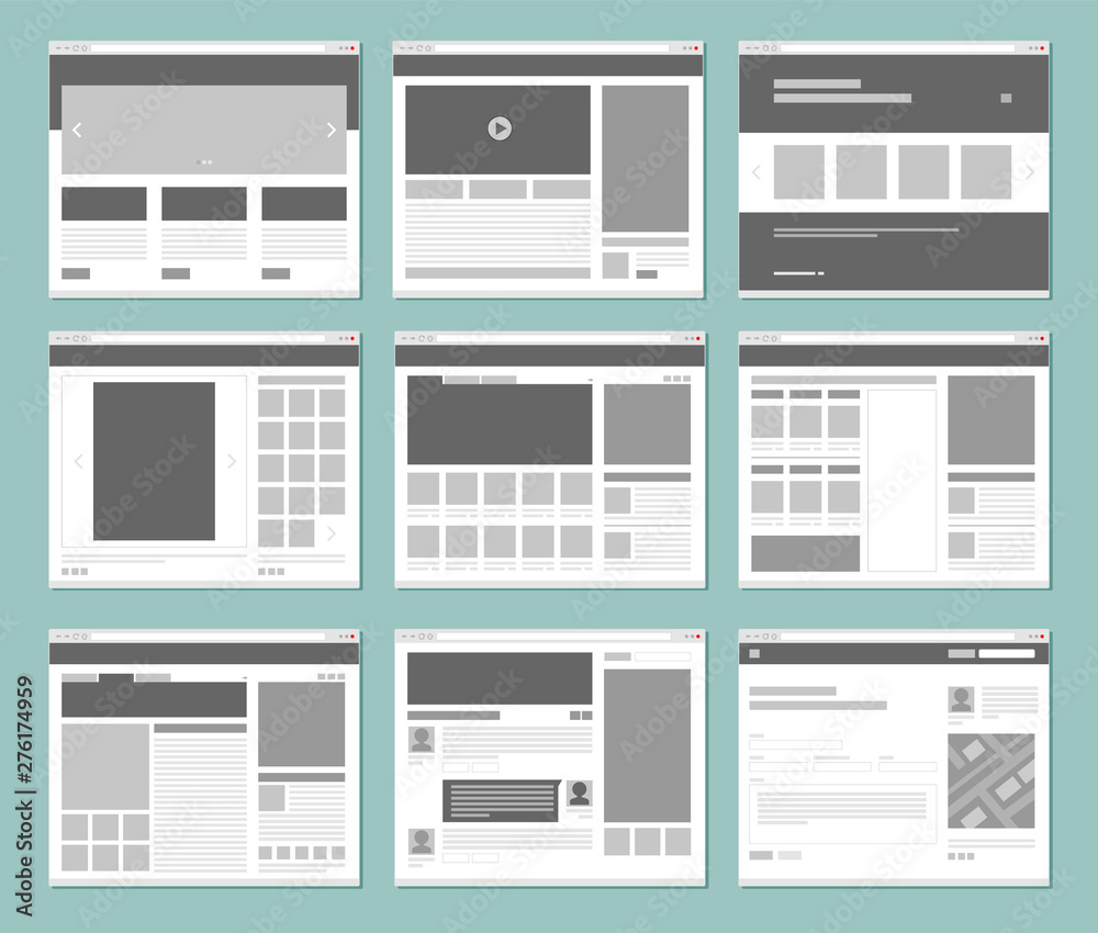 Web pages layout. Internet browser windows with website elements interface ui template vector design. Illustration of window browser, website menu or homepage architecture - obrazy, fototapety, plakaty 