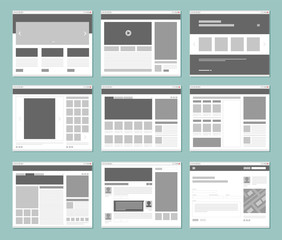 web pages layout. internet browser windows with website elements interface ui template vector design