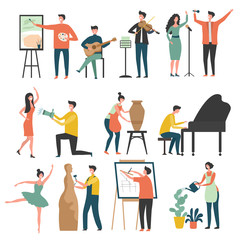 Poster - Creative profession. Stylized characters of creative peoples artists sculptors draws actors vector colored pictures. Illustration of sculptor and artist, profession musician