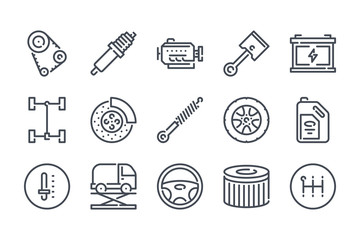 Poster - Car Service and Maintenance related line icon set. Car Repair and inspection linear icons. Car Parts outline vector signs and symbols collection.