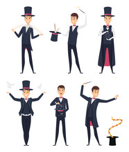 Magician. Circus Showman Actor Male Illusionist Vector Cartoon Characters. Magician And Illusionist, Showman With Snake And Dove Illustration