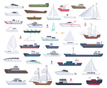 Ocean Ships. Yacht Sailing Boats And Travel Big And Little Vessel Vector Cartoon Collection. Illustration Of Speedboat And Powerboat, Tugboat And Sailboat
