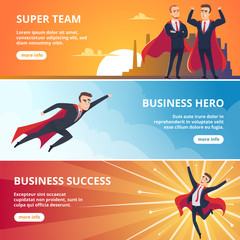 Superheroes business banners. Male characters business concept vector illustrations. Succes super leadership in red cloak, businessman in cape