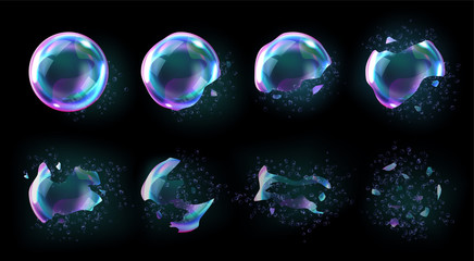 Poster - bursting soap bubbles process stages, realistic transparent exploding air spheres of rainbow colors 