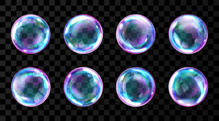 Poster - soap bubbles, realistic transparent air spheres of rainbow colors with reflections and highlights is