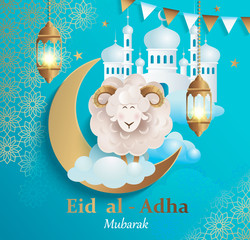 Wall Mural - Eid al-Adha Banner.Poster for traditional muslim holiday with sheep, golden ornament,lamp and mosque for happy sacrifice celebration. Islamic greeting card,eid- flyer, poster for social media.