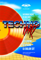 Poster - Beach party poster for clubbing dance event with 80s retro or synth wave style and palm trees