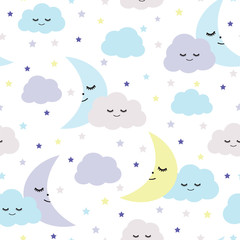 Wall Mural - Seamless sleeping moons, clouds and stars pattern vector illustration for kids