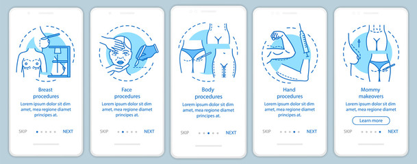 Plastic surgery center procedures onboarding mobile app page screen with linear concepts