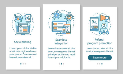 Referral program key items onboarding mobile app page screen vector template. Customer attraction, retention campaign. Website steps with linear illustrations. UX, UI, GUI smartphone interface concept