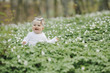 © andriychuk - Little happy girl sits among the flowers in the woods