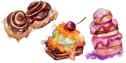 Tasty cake and bun sweet dessert. Watercolor background illustration set. Isolated desserts illustration element.