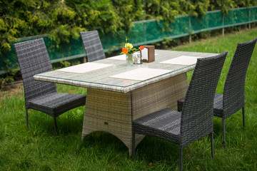 dining table and chairs on the grass