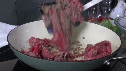 Poster - Cooking fresh shaved beef in a skillet, time-lapse