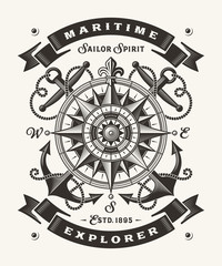 Wall Mural - Vintage Maritime Explorer Typography (One Color). T-shirt and label graphics in woodcut style. Editable EPS10 vector illustration.