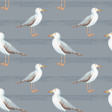 Pattern In Nautical Style Bird Gull On A Blue Background