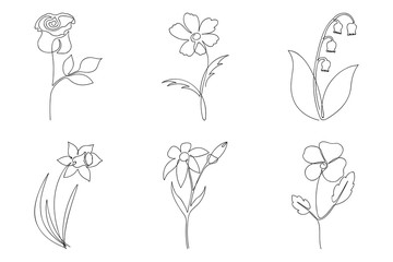 Poster - Continuous line flower set. One line drawing of different flowers. Hand-drawn minimalist illustration. Vector.