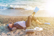 Successful businessman wearing snorkeling tools relax on the beach