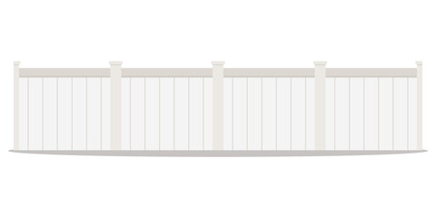 Vector flat design cartoon style illustration of a long row of white wood street picket fences isolated on white background. Home exterior element.