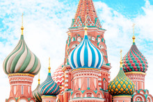 Moscow, Russia, Red Square. View Of St. Basil's Cathedral On Bright Sky Background