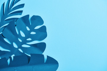 top view of blue exotic paper cut palm leaves on blue background with copy space