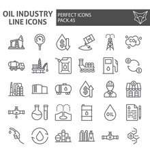 Oil Industry Line Icon Set, Fuel Production Symbols Collection, Vector Sketches, Logo Illustrations, Nature Resources Signs Linear Pictograms Package Isolated On White Background.