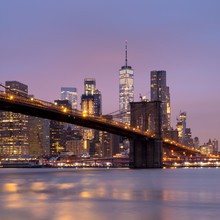 Brooklyn Bridge And Lower Manhattan Skyline At Dawn, New York City, New York